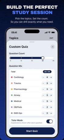 Rounds custom quiz builder showing question mix and Tutor Mode